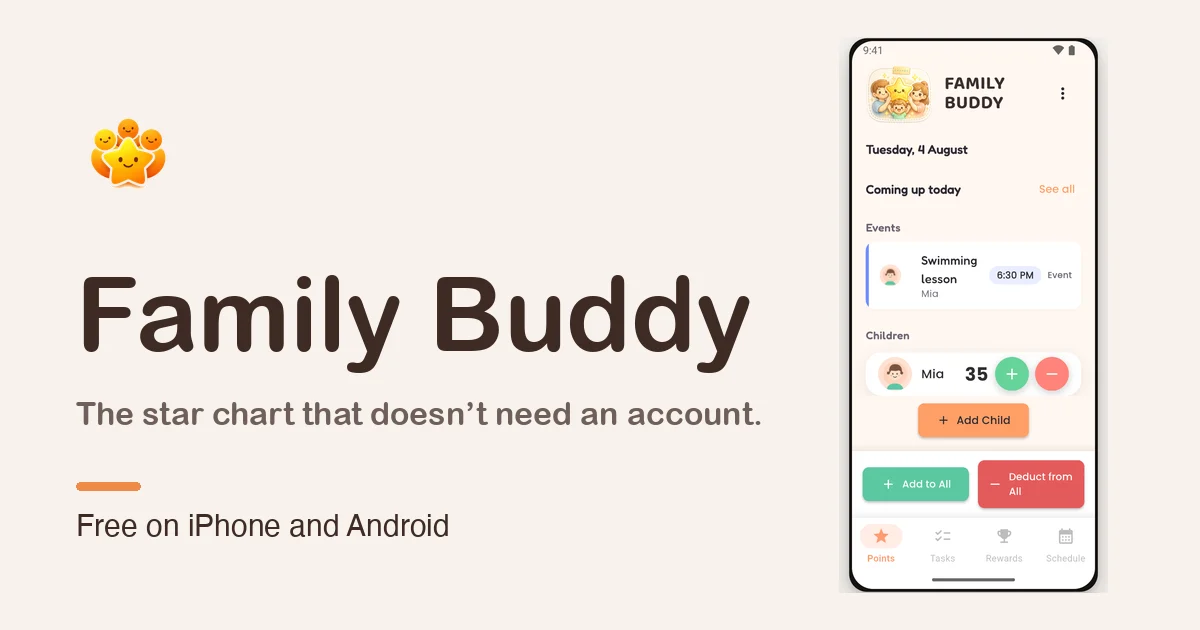 Family Buddy brand artwork: the app's home screen beside the line “the star chart that doesn’t need an account”.