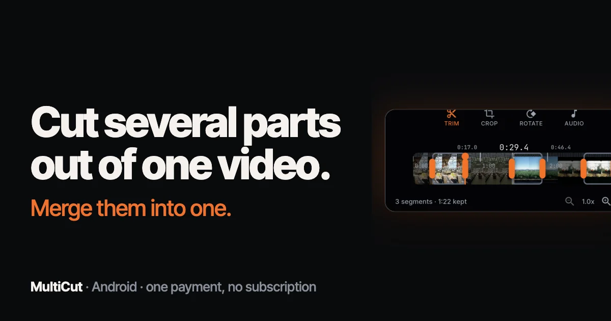 MultiCut brand artwork: the editor with three marked segments beside the line “cut several parts out of one video, merge them into one”.